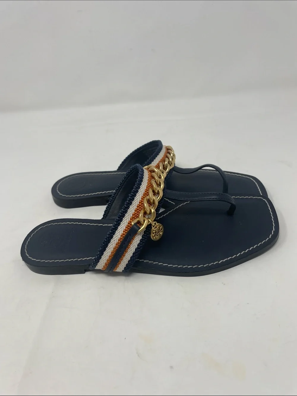Tory Burch Navy Gold Chain Strap Thong Sandals Size 6 Excellent Condition